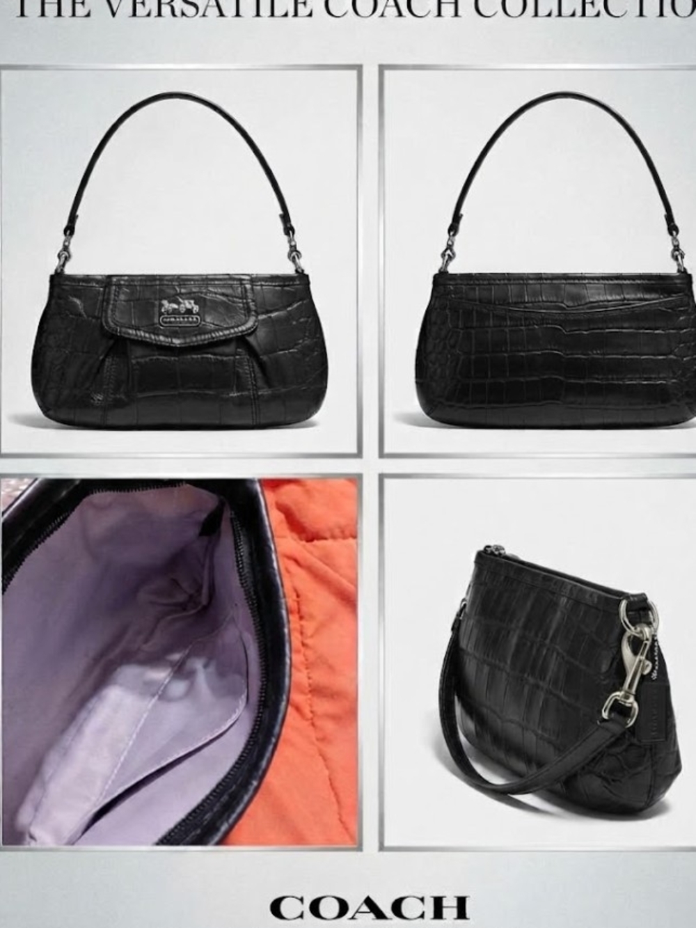 Y2K Vintage Coach Madison Black Croc-Embossed Leather Shoulder Bag/Wristlet